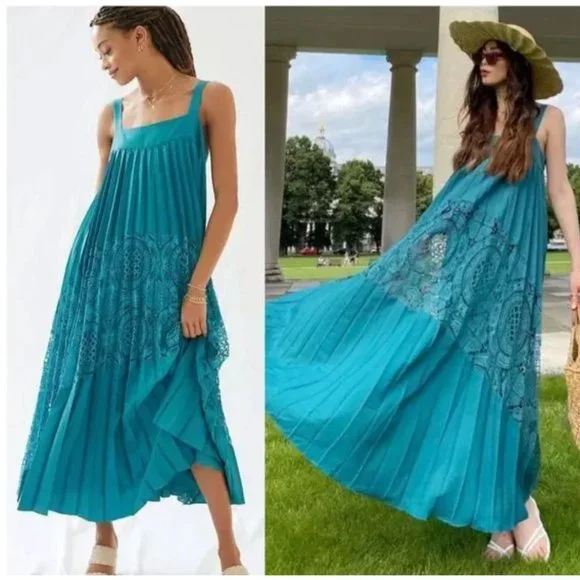Anthropologie | Dresses | Anthropologie Geisha Designs Turquoise Pleated  Lace Maxi Dress | Poshmark